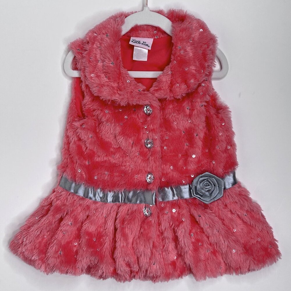 Little Lass Girls' Melon Pink Orange Faux Fur Vest Sparkle Buttons Rose Size 5 - Picture 1 of 5